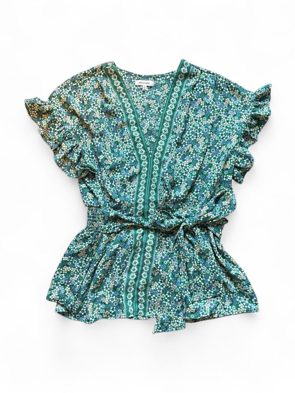 Max Studio Green Floral Ruffle Sleeve Wrap Top